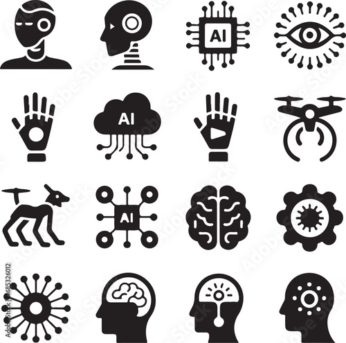 Diverse set of AI and technology icons with human and machine elements artificial intelligence