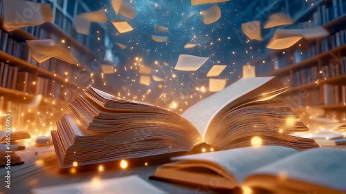 Open books with flying pages, magical sparkling lights, library bookshelves in background, dynamic composition with floating paper elements and glowing particles.