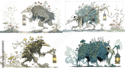 Illustration of eerie fantasy bird-like skeleton creatures covered with moss, mushrooms, and lanterns. Perfect for dark fantasy, horror, and folklore-inspired themes.