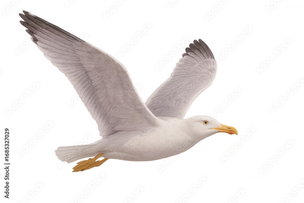 Fototapeta premium Graceful white seagull flying with extended wings, transparent backdrop highlighting elegant avian silhouette against clean isolation