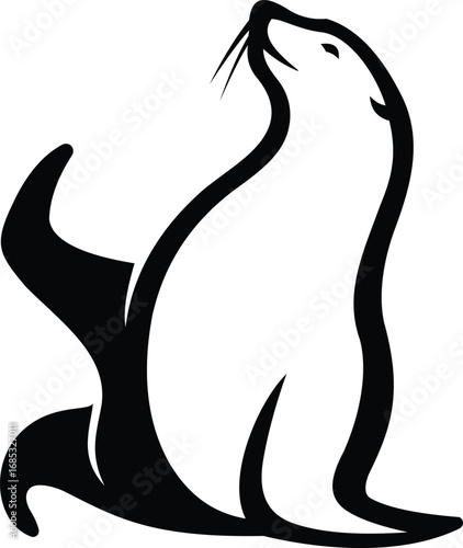 Stylized black seal sitting sea lion design, Black sea lion silhouette wildlife illustration