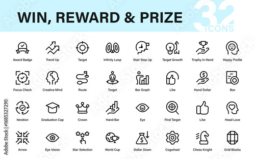 Achievement and Motivation Professional Line Icon Pack, Modern Minimal Outline Vector Icons for Business Success, Growth, and Financial Rewards