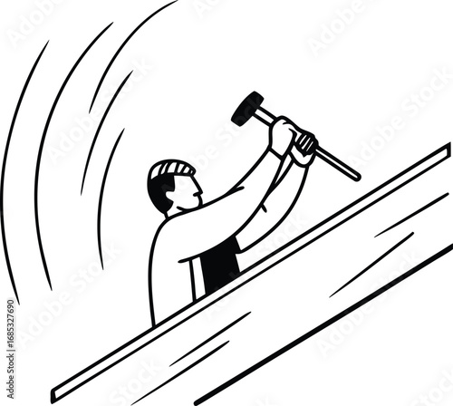 Carpenter hammering wood planks construction