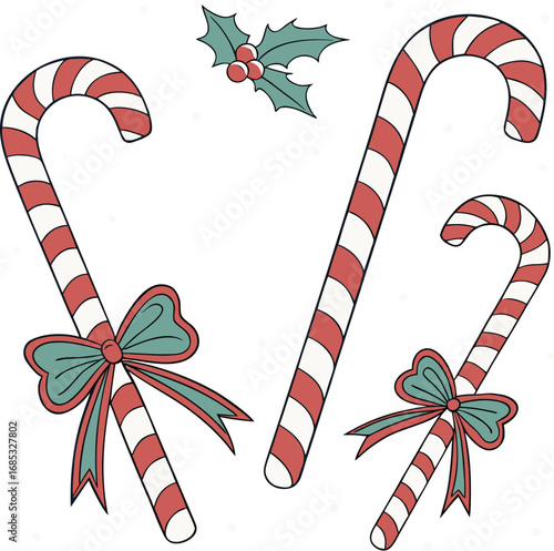 Striped Candy Canes with Bows Illustration on a Transparent Background for Festive Holiday Designs and Greetings