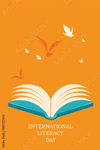 Open book with flying birds against a vibrant orange background