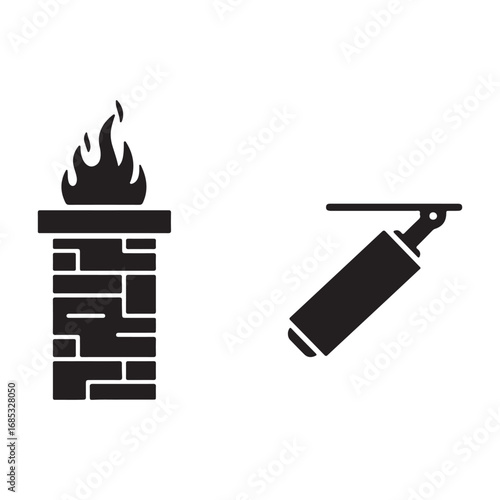 Black and White Icon Set Featuring a Chimney with Flames and a Gas Spring Damper Minimalist Design Style