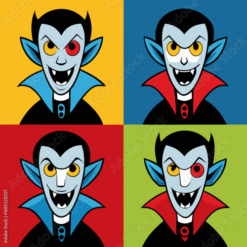Four pop art style vampires with different eye colors on colorful backgrounds