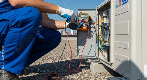 Technician inspecting HVAC unit rooftop, testing electrical components with multimeter.