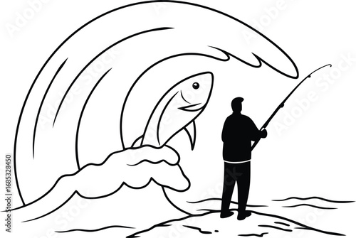 Fisherman battling giant fish in crashing wave fishing reel
