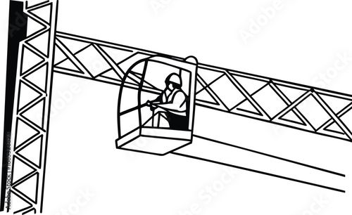 Crane operator in cabin controlling construction equipment worker