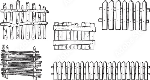 ​A collection of rustic and classic wooden fences in various styles, vector illustration.
