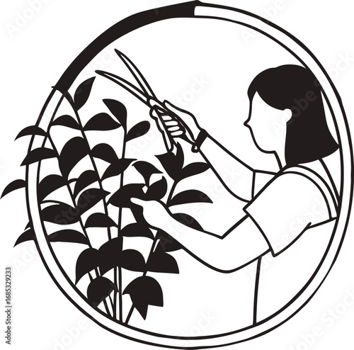 Person pruning plants with scissors gardening
