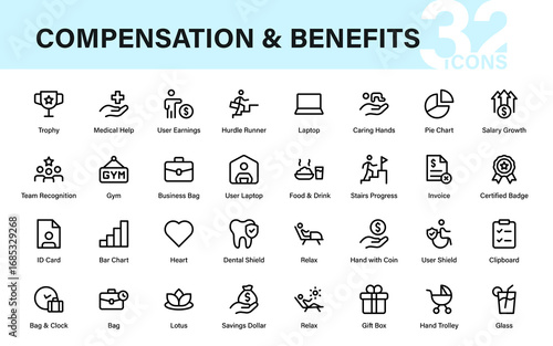 Professional Compensation Line Icon Collection with Modern Minimal Benefits, Salary, Allowances, Payroll, Bonus, and Financial Payment Symbols in Vector Style