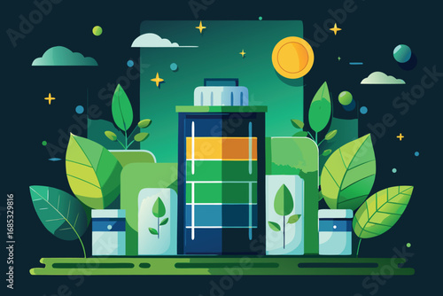 Green energy battery and plants under starry sky leaves