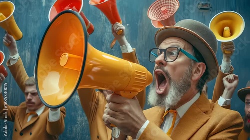 Mature bearded man with glasses and hat leading group of men in yellow suits using megaphones. Multiple synchronized speakers creating loud message. Dramatic expression and uniform styling.