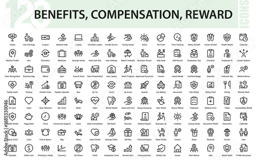 Benefits Professional Line Icon Set with Modern Minimal Vector Illustrations of Compensation, Salary, Reward, Incentives, and Financial Growth Symbols