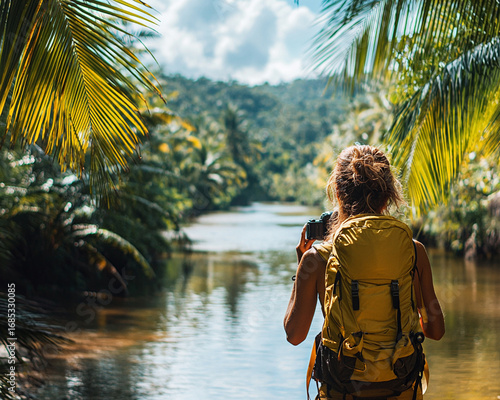 Young Woman with Yellow Backpack Capturing Scenic Tropical Landscape Near a River