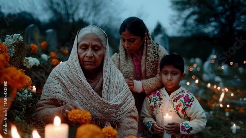 A family including an elderly woman and a boy honors ancestors at a cemetery at dusk, decorating a grave with marigolds and candles during the Dia de los Muertos celebration