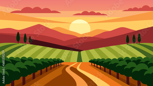 Vineyard Vista Rolling Hills Nature Vector Illustration Artwork