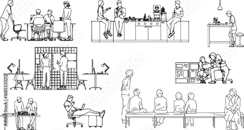 Working people vector set: Collaboration, meetings, and individual tasks in modern office environments