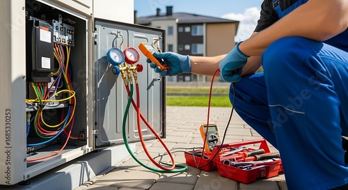 Technician wearing blue overalls and gloves is servicing an air conditioning unit, using gauges and a multimeter to check the system.