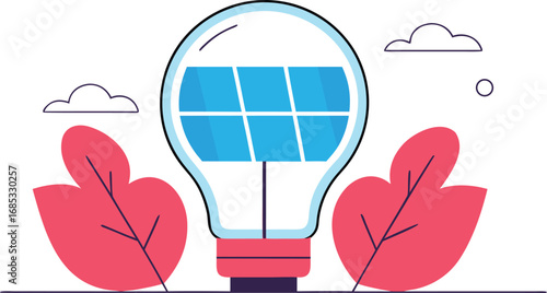 Lightbulb solar panels plants clouds blue white