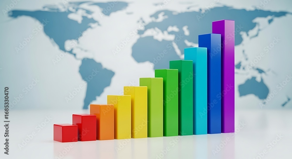Fototapeta premium Stunning 3D bar graph showcases global financial growth in vibrant rainbow colors against world map