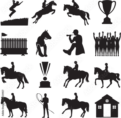 Horseback Riding Silhouettes Show Jumping Trophy and Audience Keywords: horseback riding