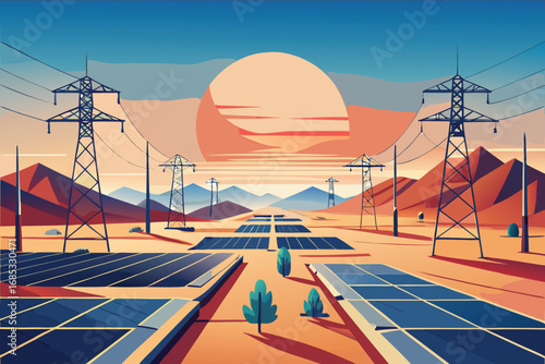 Desert solar farm with power lines and mountains panels