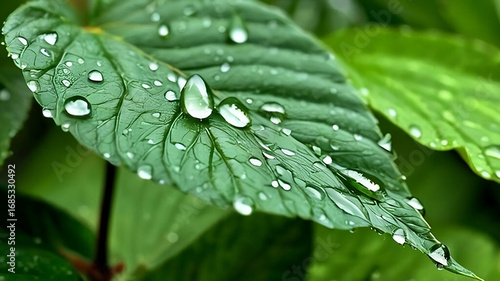 A green leaf with sparkling water droplets in focus, set against a backdrop of blurred greenery.