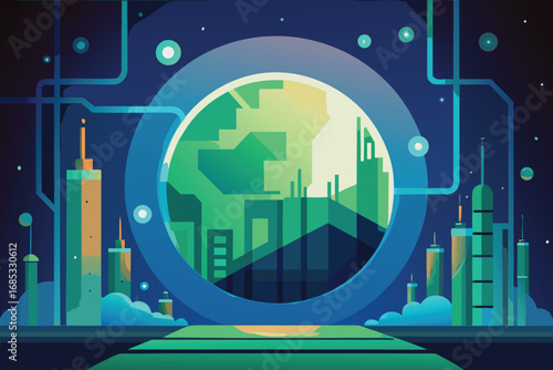 Futuristic cityscape with glowing circular portal vector