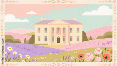 Elegant mansion sits nestled among rolling hills and vibrant flower fields under a pastel sky, evoking a sense of tranquility and serenity.