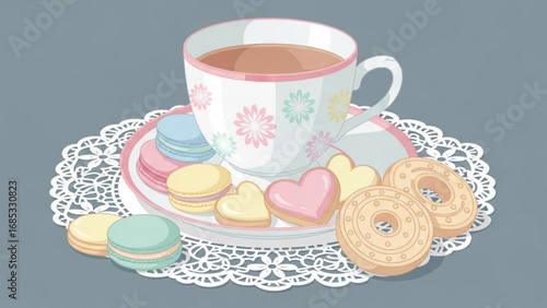 Cup of tea sitting on a lace doily with macarons and cookies, creating a cozy and inviting atmosphere for a relaxing afternoon break.