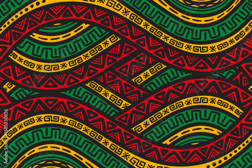 African ethnic tribal clash ornament seamless pattern background. Simple hand drawn symbols background in traditional African colors black, red, yellow, green. Kwanzaa decorative print