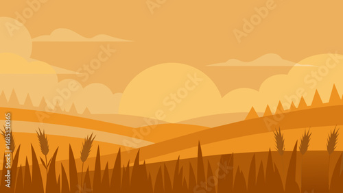 Golden Hour Over Field of Tall Grass Serene Nature Vector Illustration