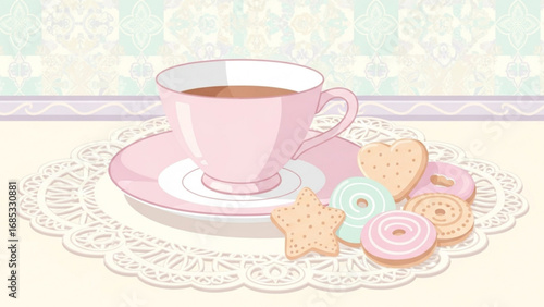 Pink teacup holding dark tea sits on lace doily with pastel cookies, creating a sweet and charming scene for a relaxing afternoon tea time.