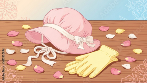 Pink bonnet and yellow gloves resting on wooden table surrounded by scattered rose petals creates a vintage and romantic still life, evoking nostalgia.