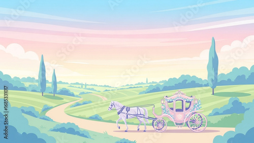 Elegant horsedrawn carriage travels along winding road through rolling green hills under pastel sky, evoking fairy tale charm and whimsical adventure.