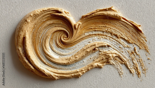 Swirl of brown and white paint on a white background. The swirl is reminiscent of a wave, and the colors are warm and inviting. Concept of movement and energy, as if the paint is in motion