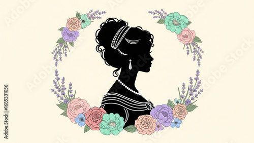 Elegant woman silhouette surrounded by a floral wreath, showcasing beauty and grace in a vintage style on a cream colored backdrop.