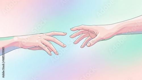 Two hands reaching out to each other against a pastel gradient backdrop, symbolizing connection and hope in a digital art style.