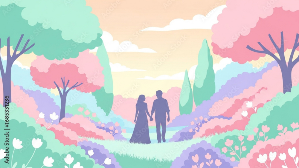 Fototapeta premium Couple walking handinhand through pastelcolored garden with blooming flowers and lush trees, creating a romantic and serene atmosphere.