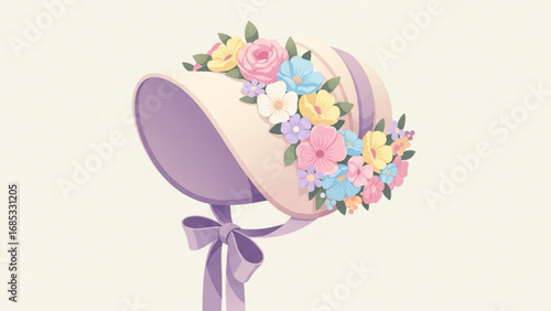 Vintage bonnet adorned with colorful flowers sits gracefully on a pastel surface, evoking a sense of nostalgia and delicate beauty in a soft, dreamy light.