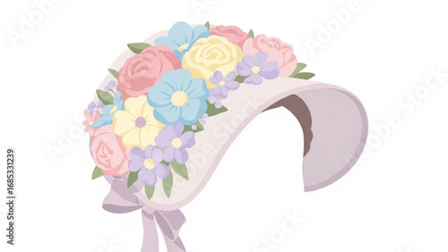 Elegant bonnet adorned with pastel flowers rests against a clean white backdrop, evoking a sense of springtime charm and delicate beauty.