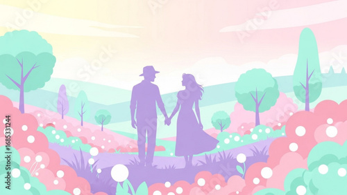 Couple holding hands walks through pastel colored flower field under soft sky, evoking a sense of romance and tranquility in a dreamy landscape.