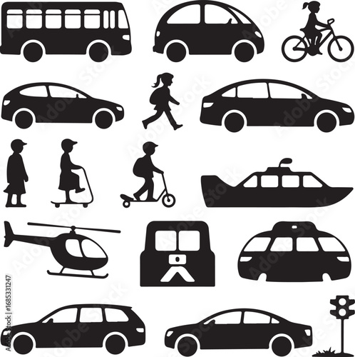 Silhouette icons of various transportation modes and people Keywords: transportation, vehicle