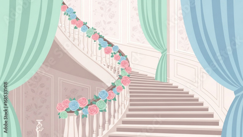 Elegant staircase adorned with pastel roses winds upward in a grand hall with flowing curtains, creating a romantic and luxurious atmosphere.