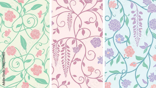 Elegant floral patterns intertwine with delicate vines and blossoms, creating a seamless repeat for textile or wallpaper in soft pastel colors, evoking a vintage charm.