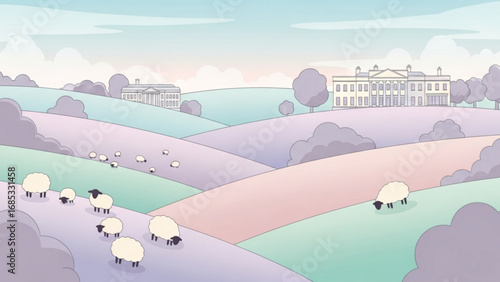Sheep graze peacefully on rolling hills near a stately home under a pastel sky, creating a serene and idyllic countryside scene.