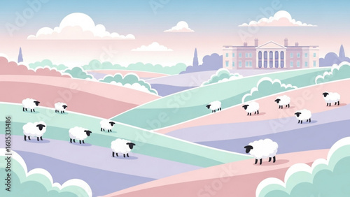 Flock of sheep grazing on rolling hills near a grand estate, creating a peaceful pastoral scene with soft pastel colors and a dreamy atmosphere.